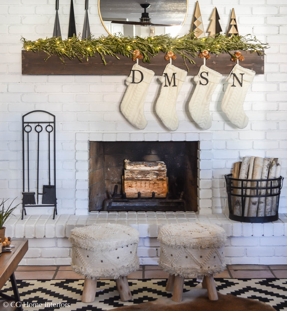 Simple Traditional Christmas Decorations, Painted Brick Fireplace