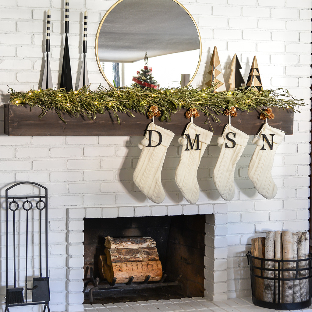 Simple Traditional Christmas Decorations, Painted Brick Fireplace