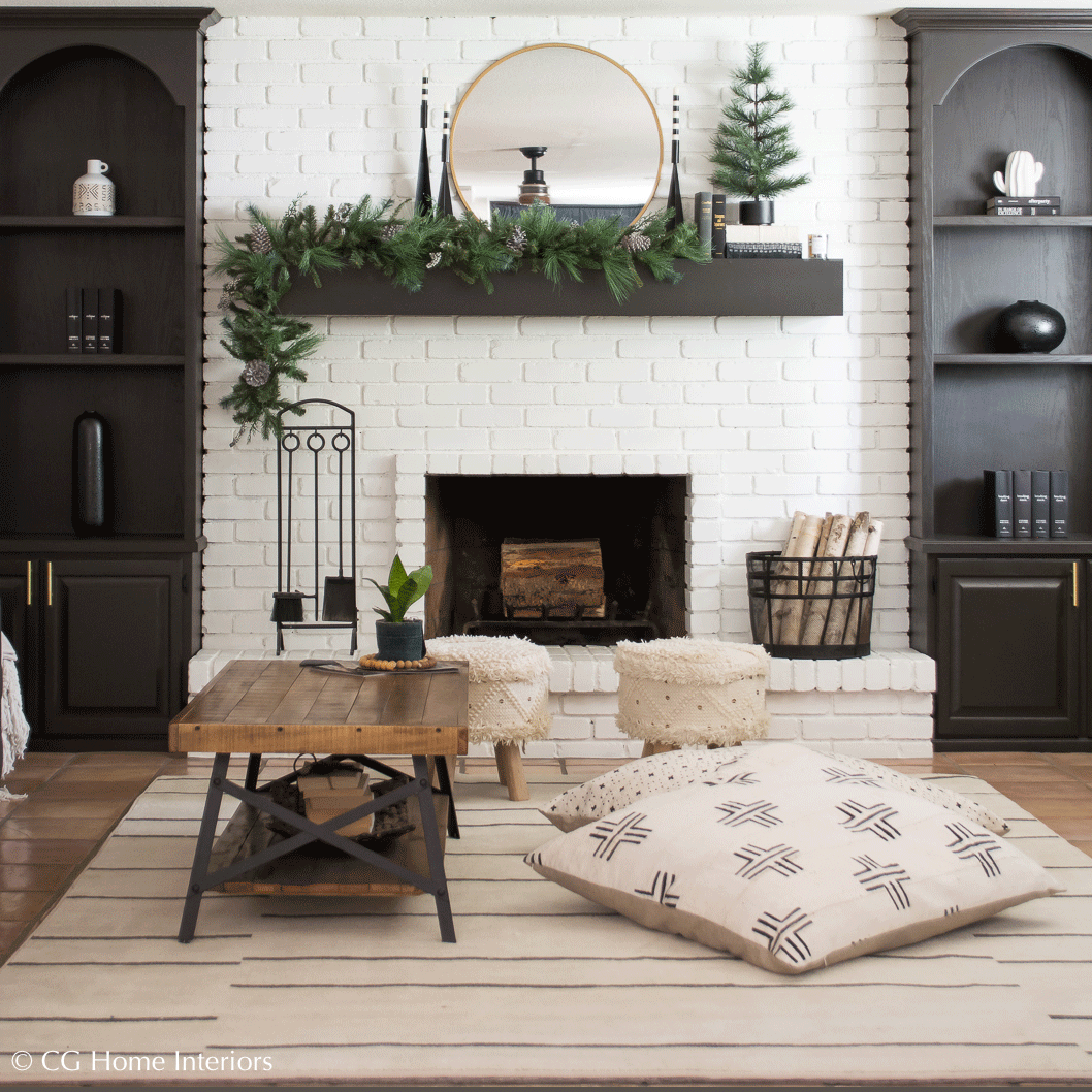 Holiday Home Blog Tour | Mohawk Home, Floating Fireplace Mantle, Painted Brick
